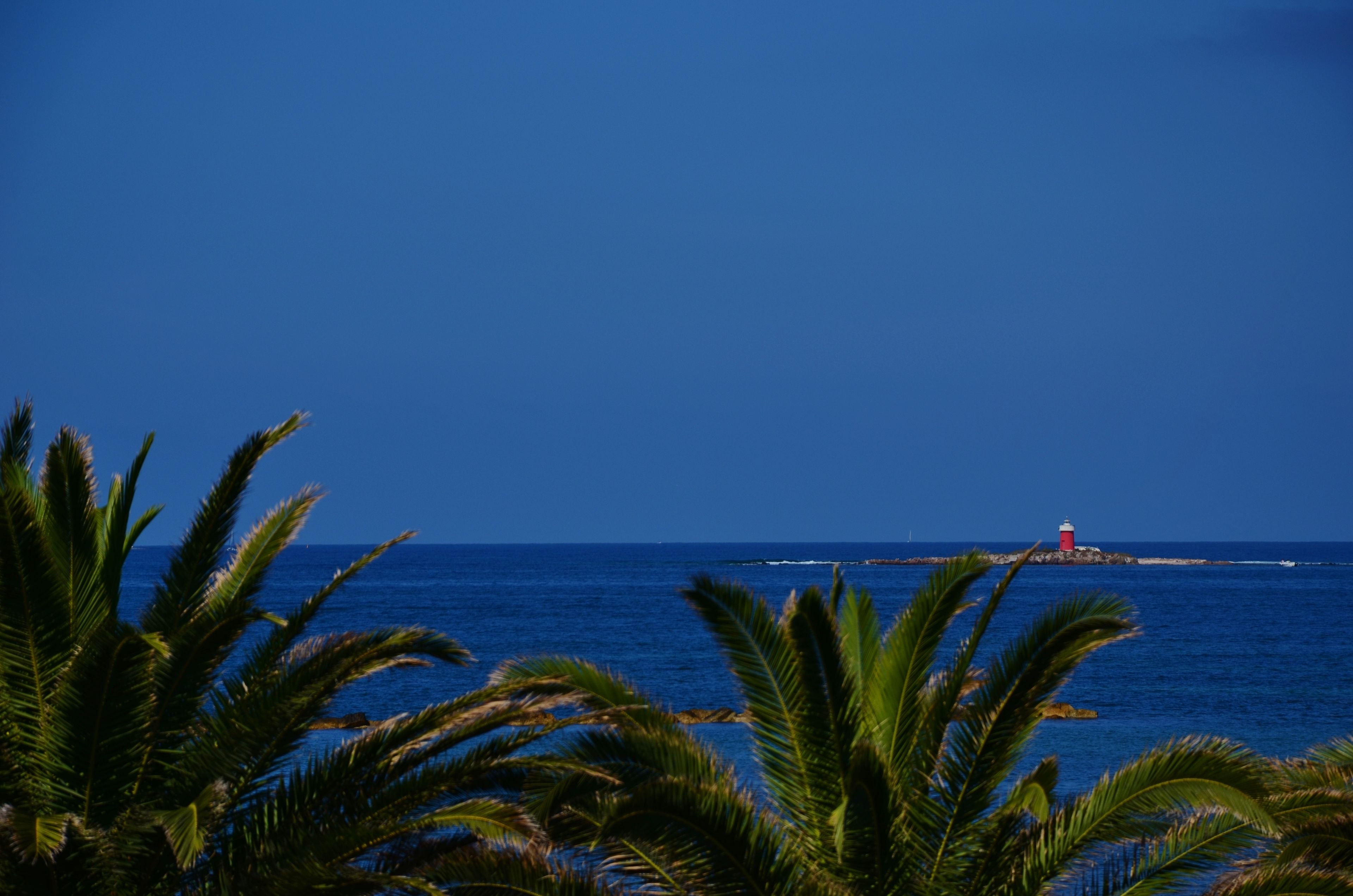 A coastal scene with a lighthouse on a small island, surrounded by clear blue water and palm trees.