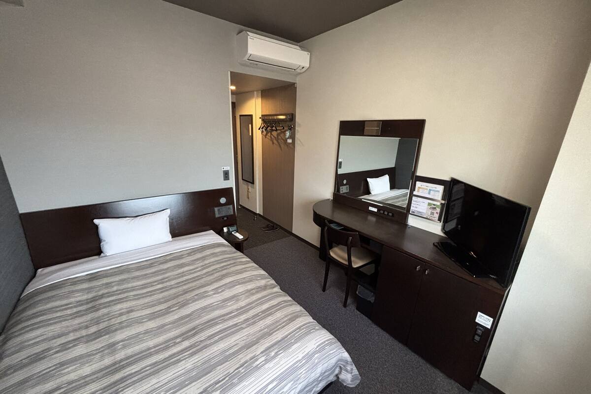 A hotel room with a bed, a desk, a chair, a television, and a mirror.