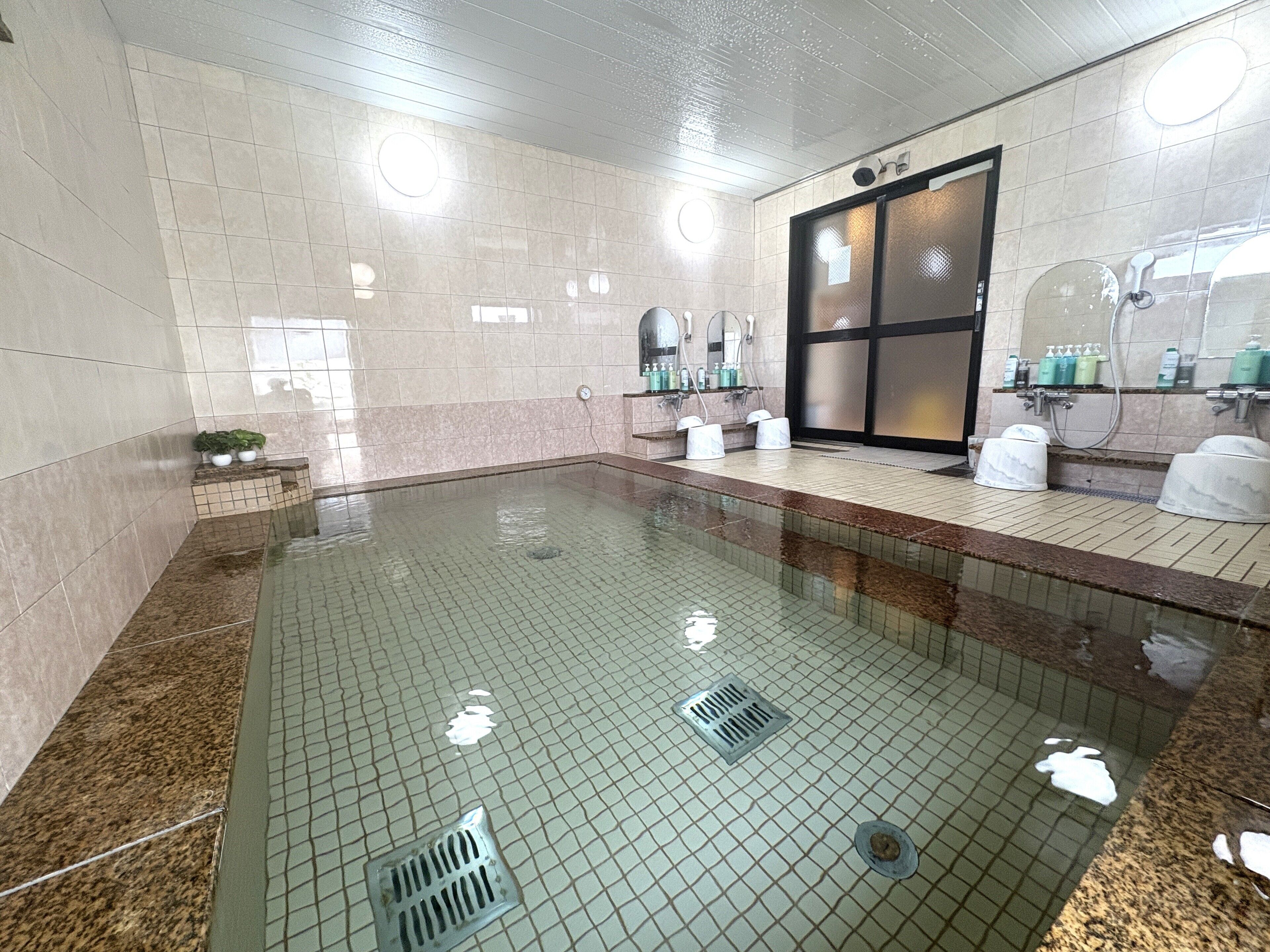 A swimming pool with a tiled floor, a shower area with a glass door, and a sink with toiletries.