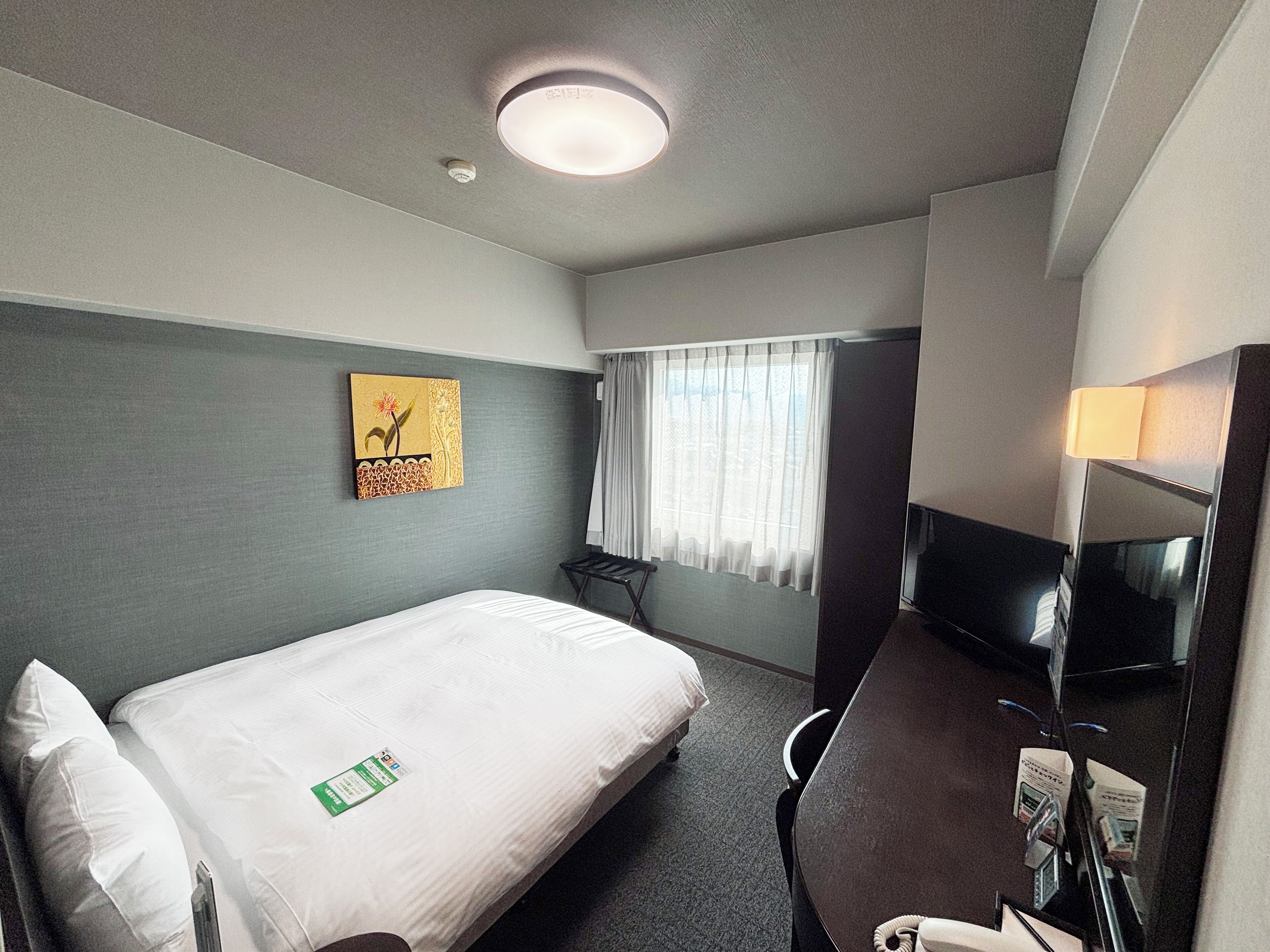 A hotel room with a bed, a desk with a telephone, a television, and a window with curtains.
