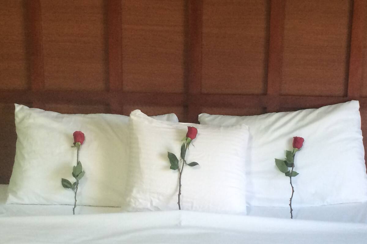 A bed with white pillows, each adorned with a single red rose.