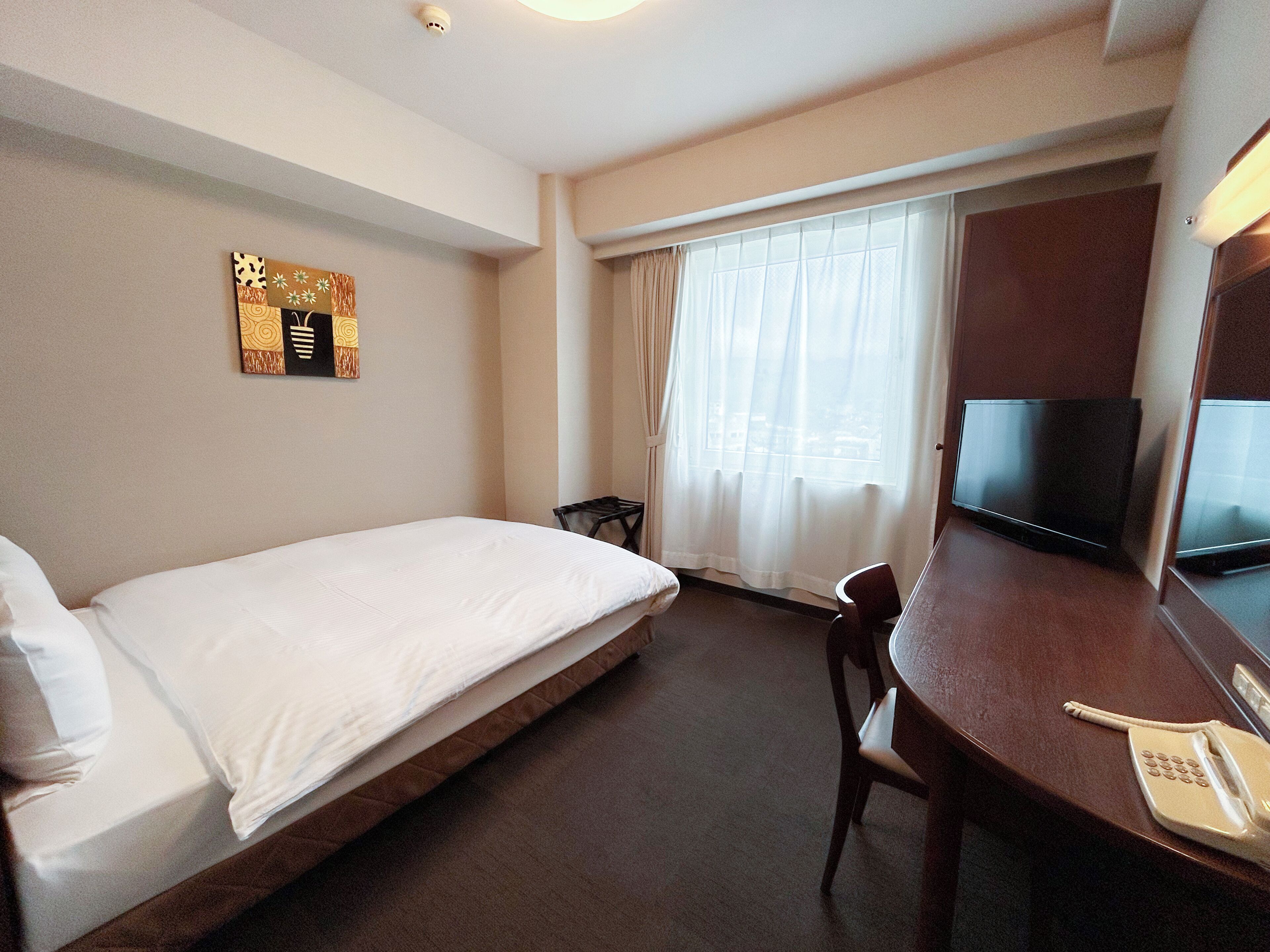 A hotel room with a bed, a desk, a chair, a television, and a telephone.