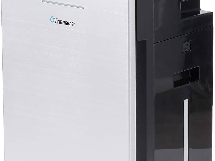 A compact, modern virus washer with a sleek design, featuring a prominent brand logo and a control panel on the top.