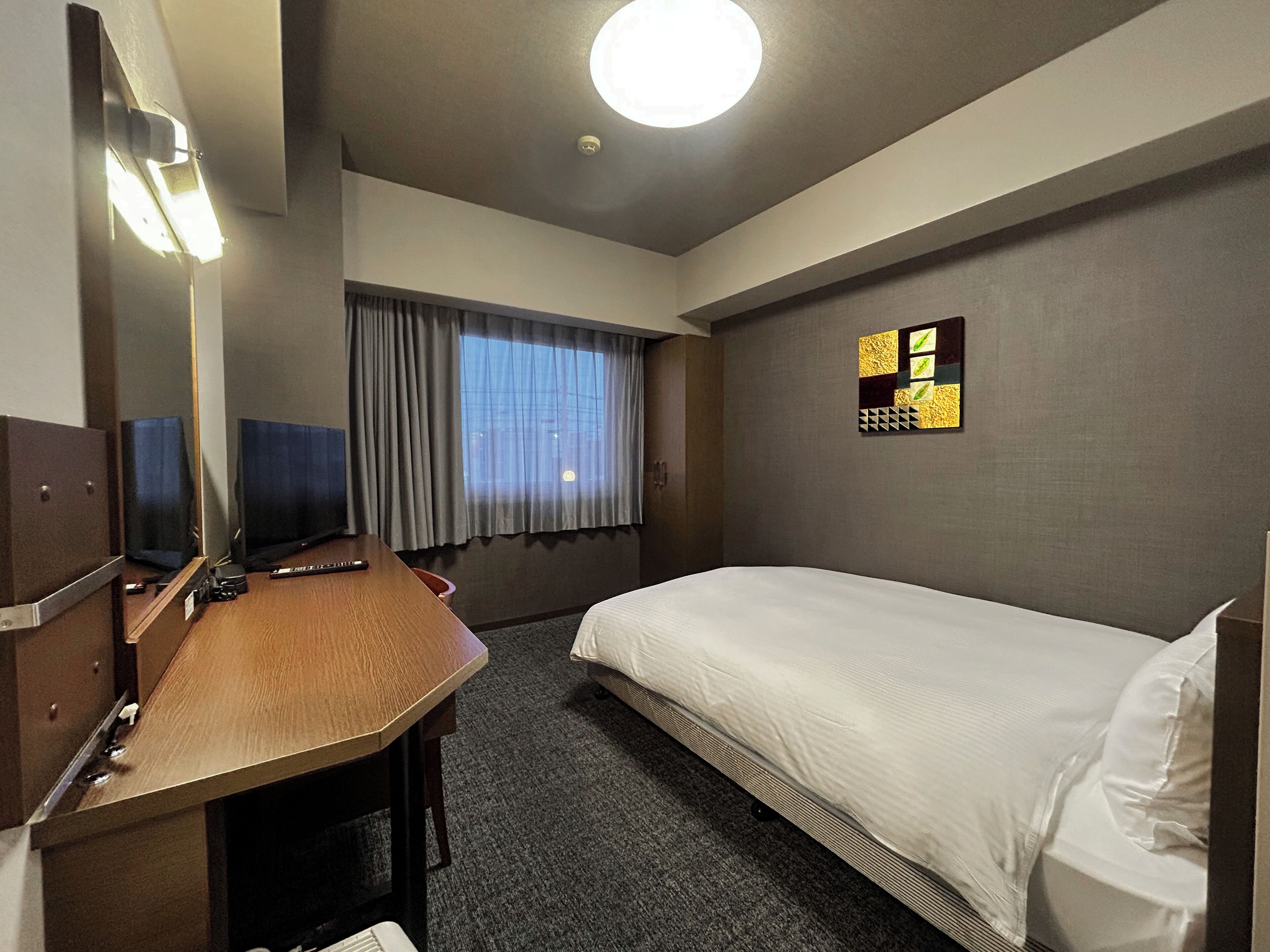 A hotel room with a bed, a desk, a mirror, a television, and a window with curtains.