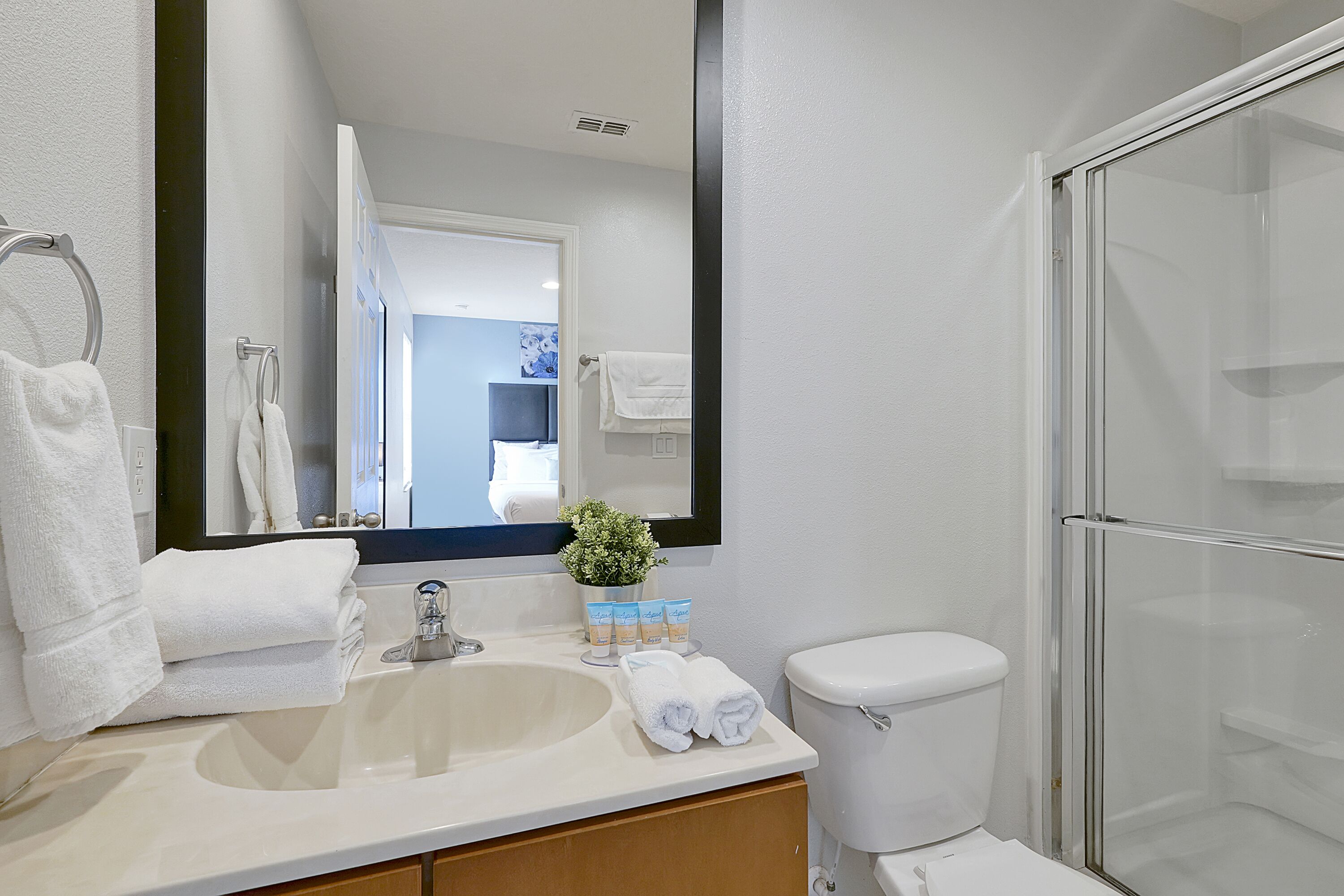 A bathroom with a sink, mirror, toilet, and glass shower enclosure.