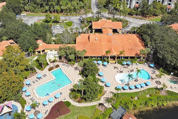 2 outdoor pools, pool umbrellas, pool loungers