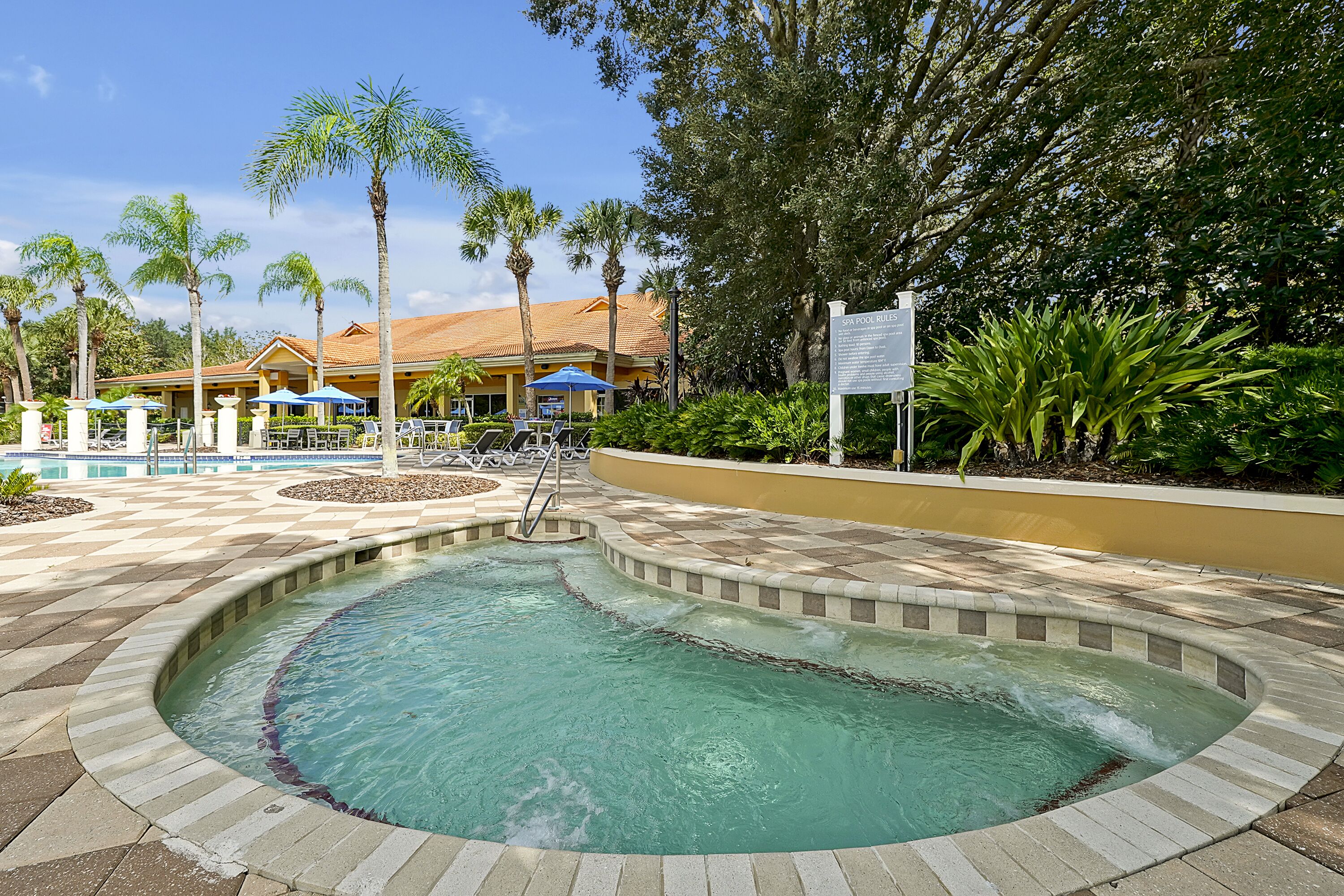 A swimming pool with a curved edge, surrounded by a paved deck. There are palm trees and a building with a yellow facade in the background.
