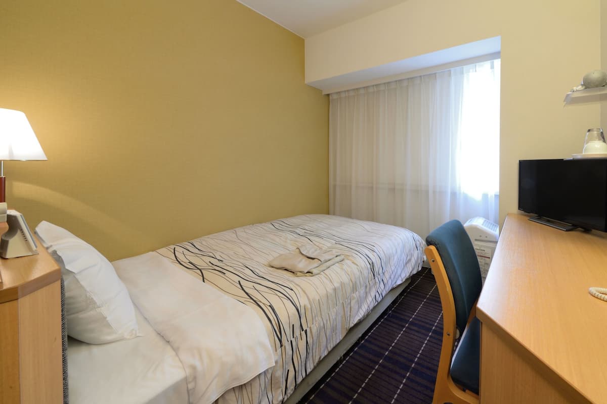 A hotel room with a bed, a desk with a telephone, a chair, a television, and a window with curtains.