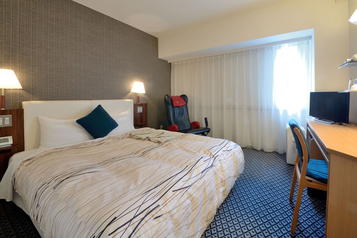 A hotel room with a bed, a desk, a chair, a television, and a window with curtains.