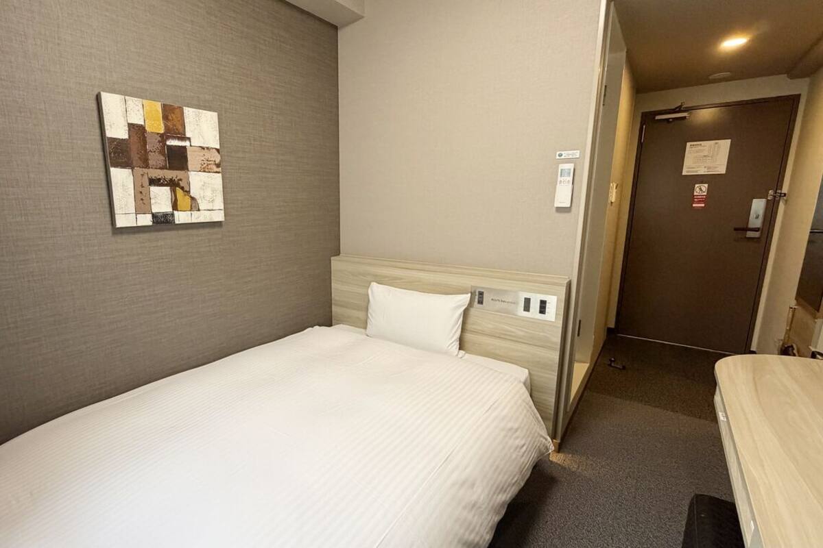 A hotel room with a single bed, a headboard, a wall-mounted artwork, and a door with a sign.