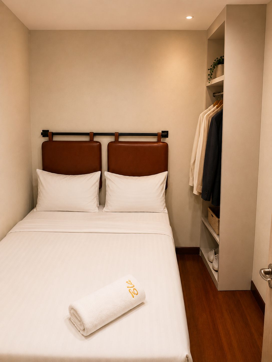 A neatly made bed with a white duvet and pillows, a wooden headboard, and a folded towel with a monogram on the foot of the bed.