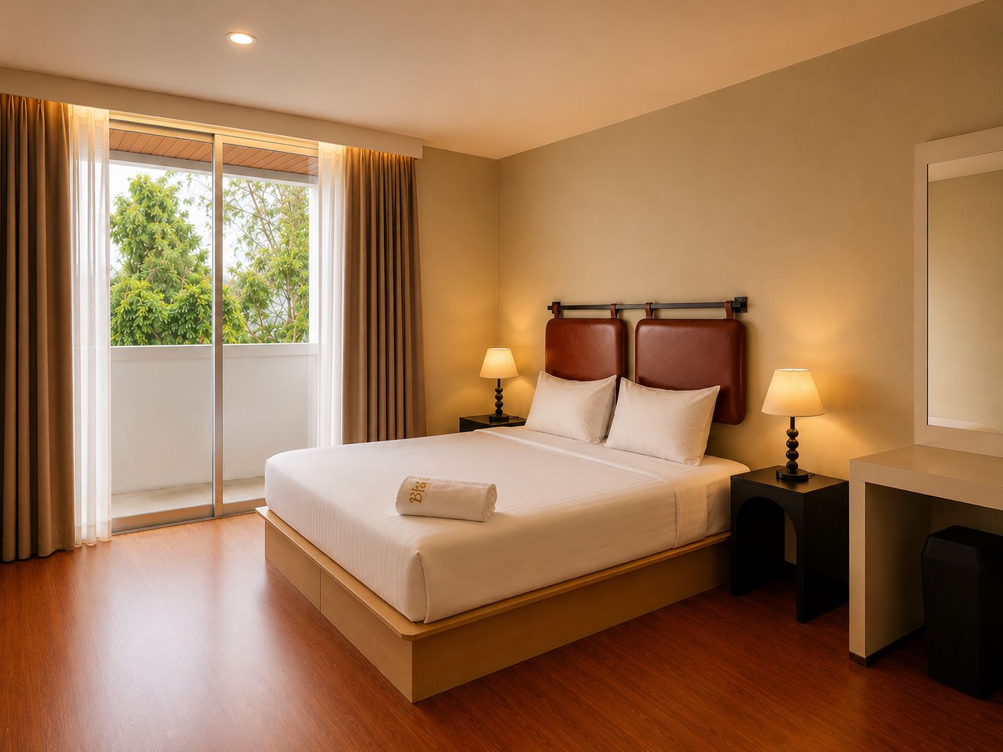 A hotel room with a large bed, two bedside tables with lamps, a window with curtains, and a view of greenery outside.