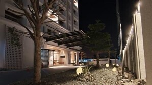 A nighttime view of a building with a tree in the foreground and a large spherical light in the center. - Blanco Apartment Hotel (Bintulu)
