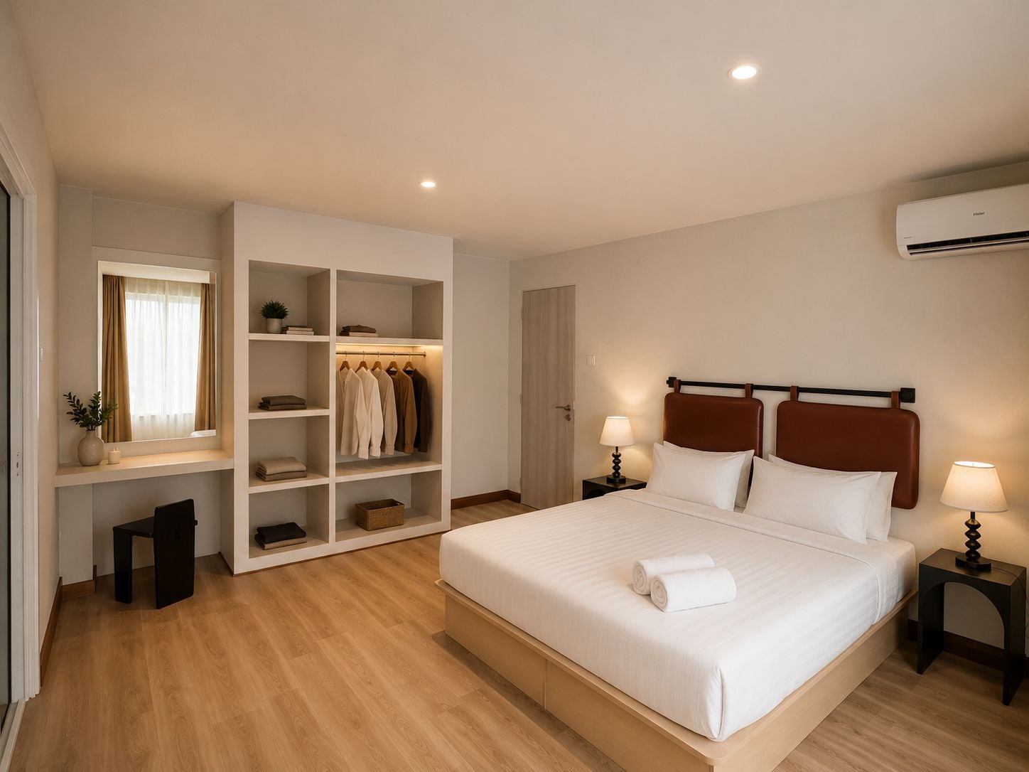 Ett hotellrum med en säng, sängbord, en garderob med upphängda kläder, en spegel och en luftkonditioneringsanläggning.