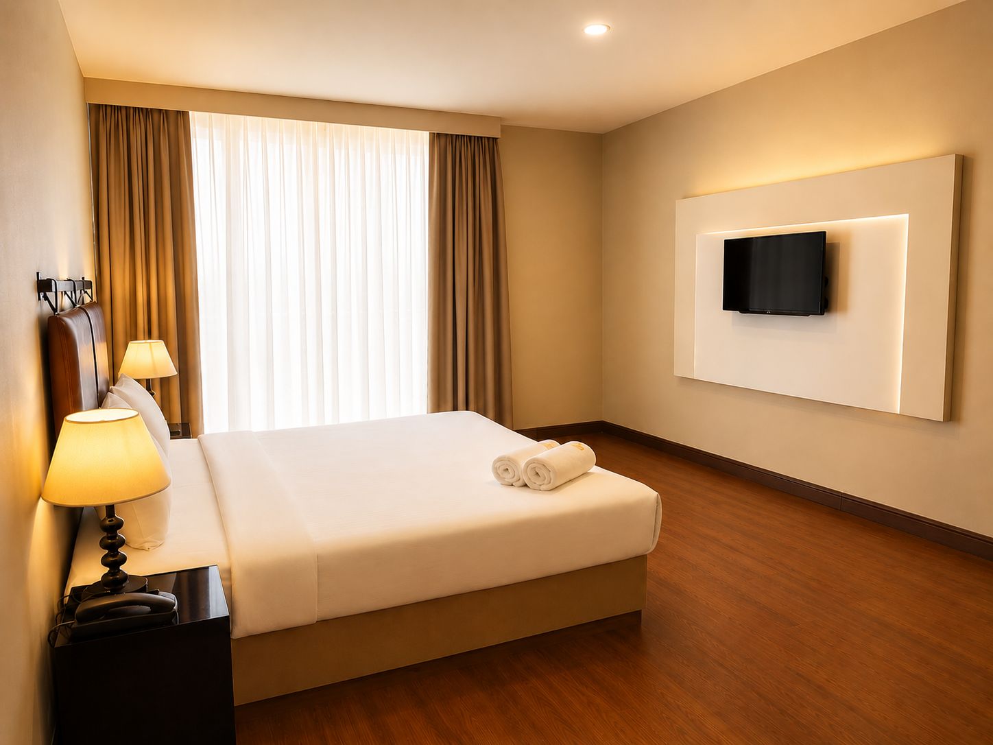 A hotel room with a bed, a TV mounted on the wall, and a desk with a lamp.