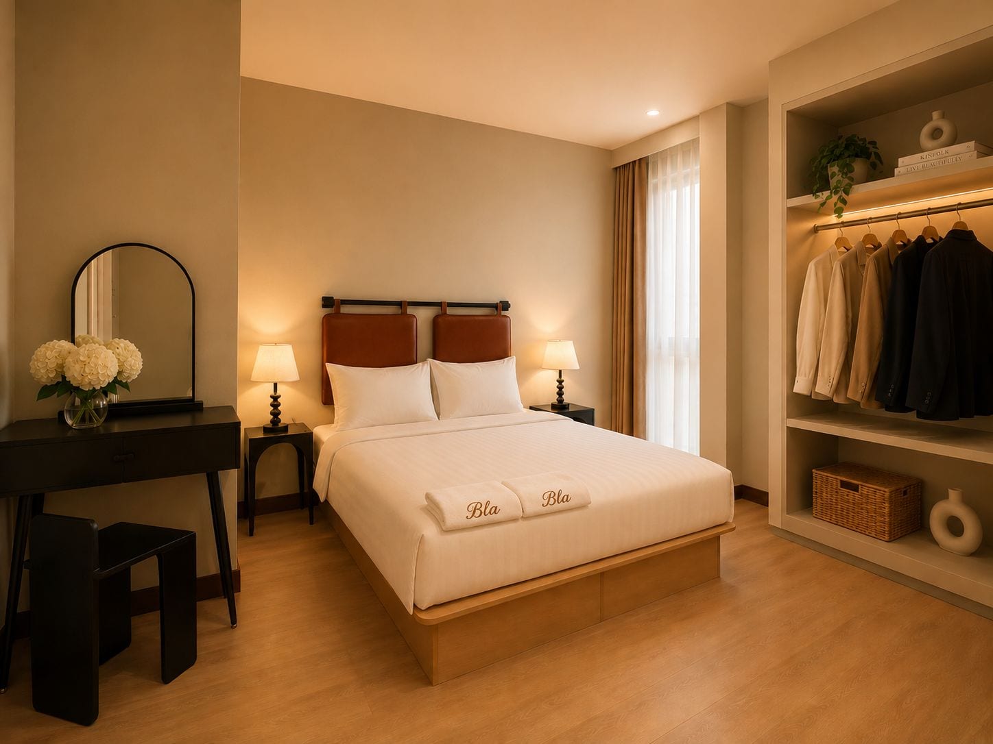 A hotel room with a bed, bedside tables, a mirror, a desk, and a wardrobe.