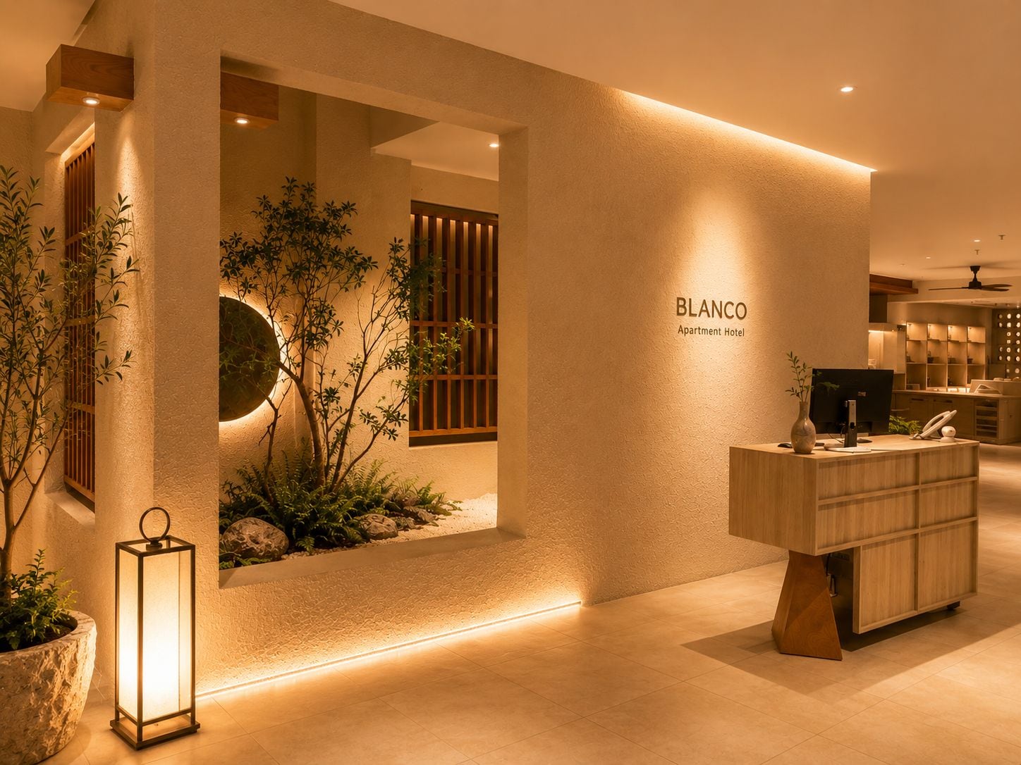 A hotel lobby with a reception desk, a wall-mounted sign reading 'BLANCO Apartment Hotel', and a small indoor garden.