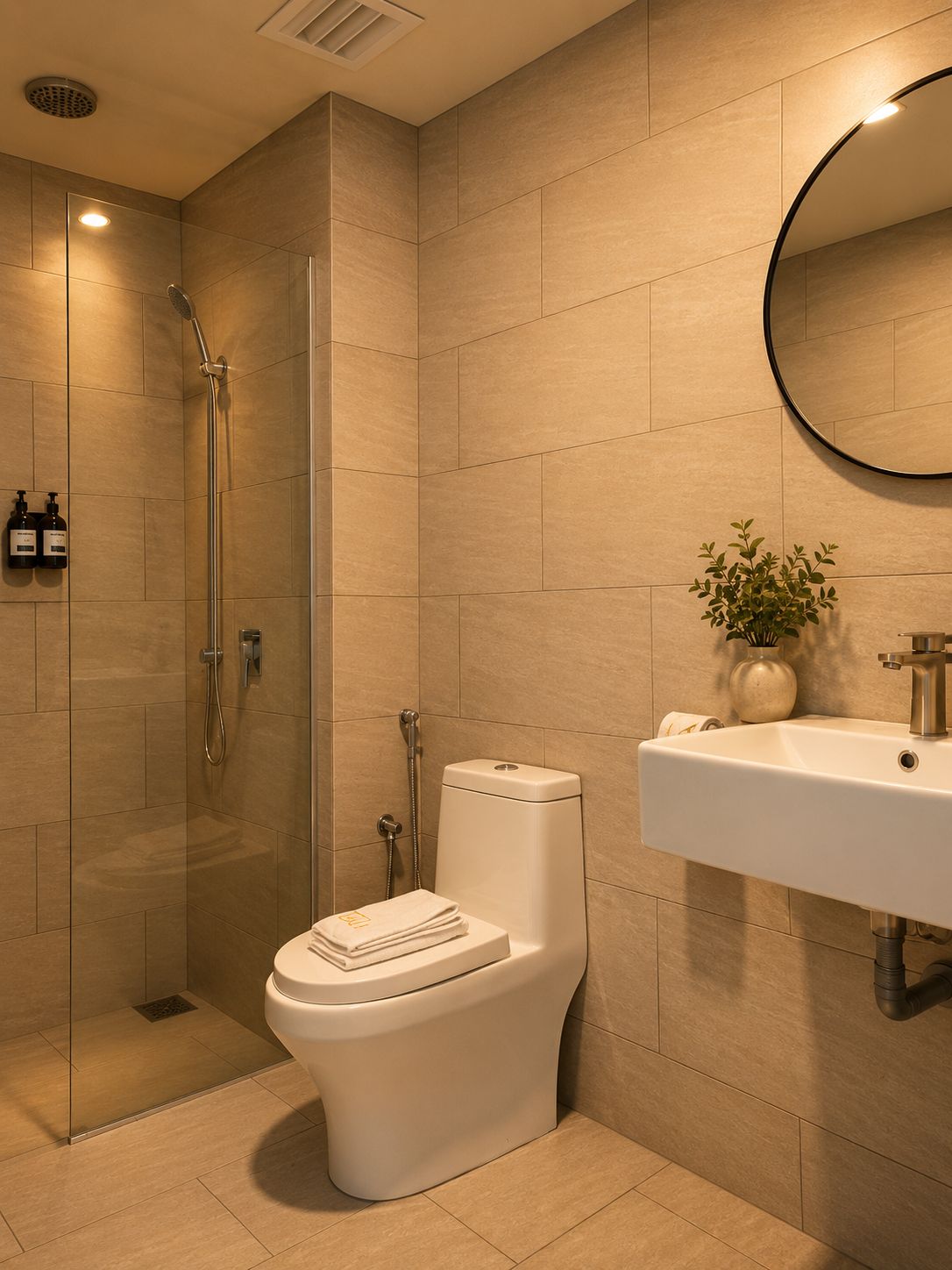 Un baño moderno con ducha envuelta en vidrio, inodoro y lavamanos con espejo.