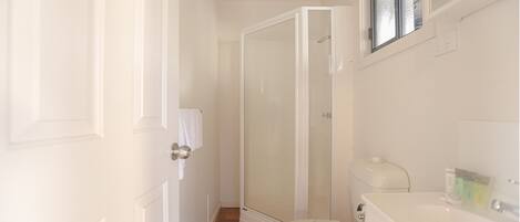 Une petite salle de bain comprenant des toilettes, un espace douche et un lavabo.