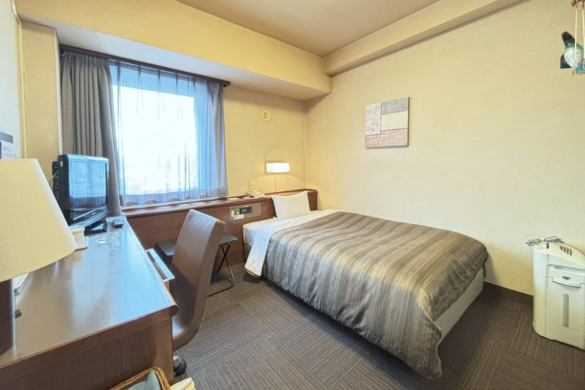 Ein Hotelzimmer mit Bett, Schreibtisch, Stuhl, Fernseher, Lampe und einem kleinen Nachttisch.