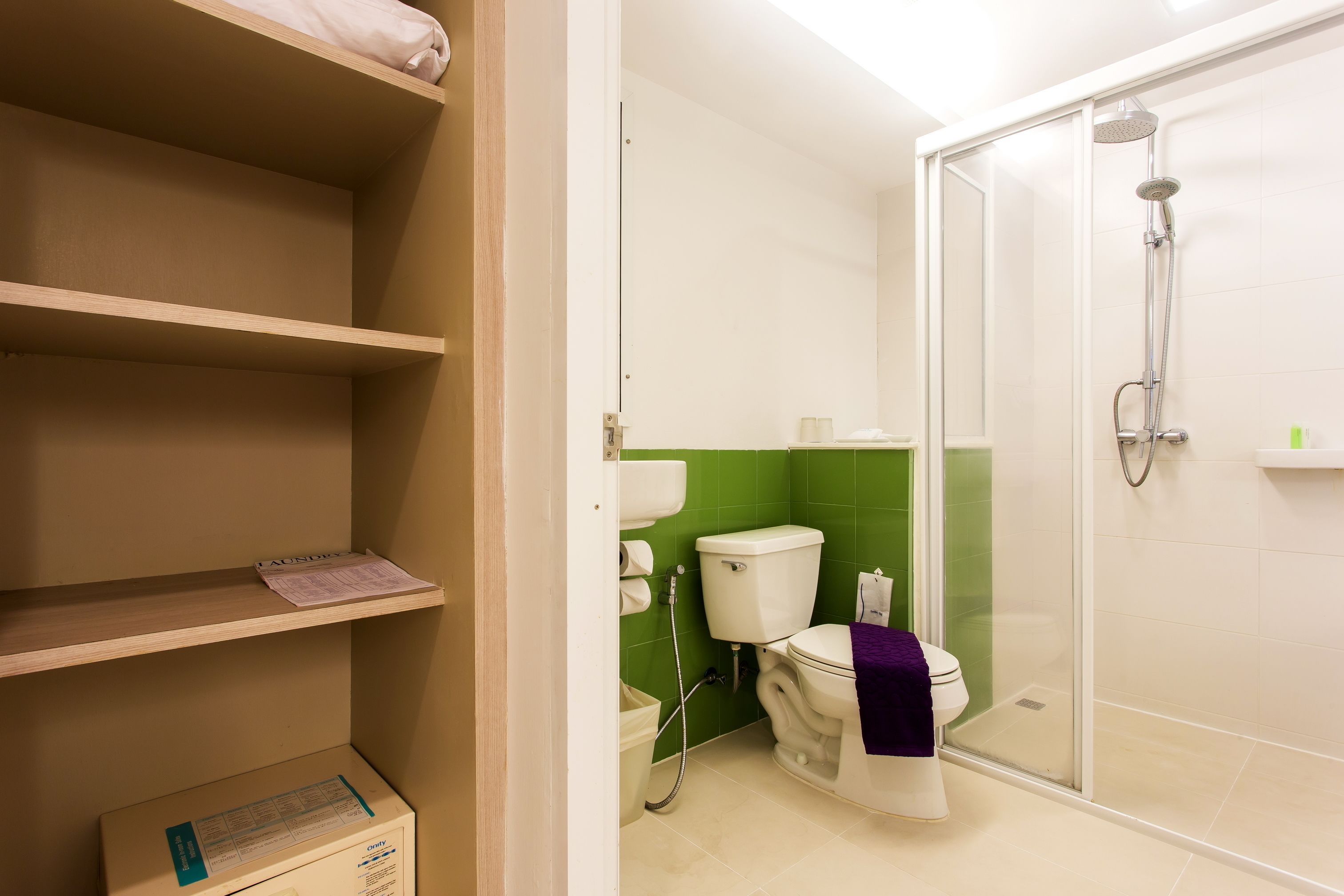 Un bagno con il water, doccia e scaffali.