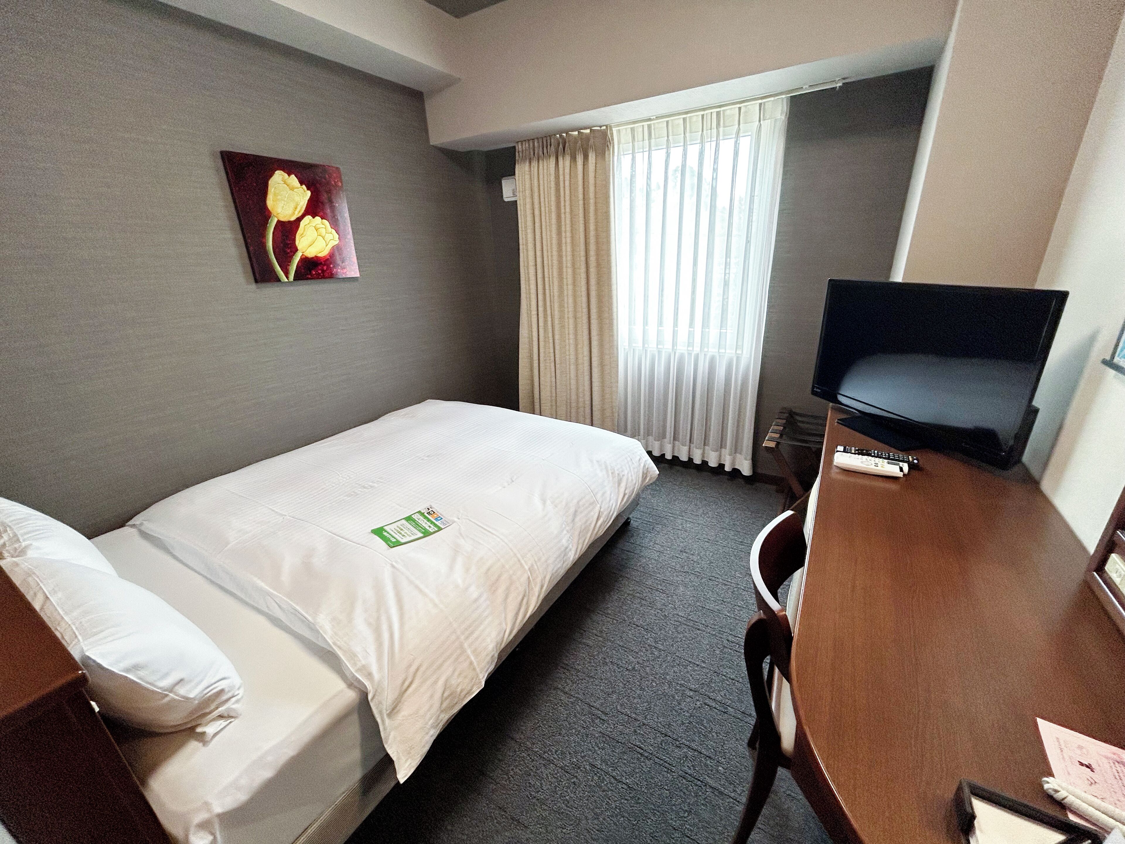Een hotelkamer met een enkel bed, een bureau met stoel, een televisie en een raam met gordijnen.