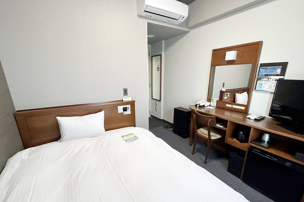 A hotel room with a bed, a desk, a chair, a television, and an air conditioning unit.