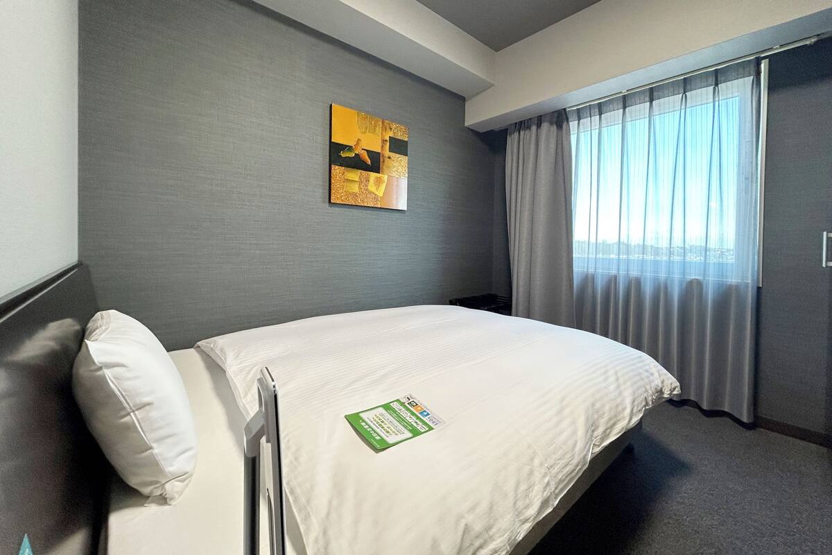 A hotel room with a bed, a pillow, a wall-mounted artwork, a window with curtains, and a door.