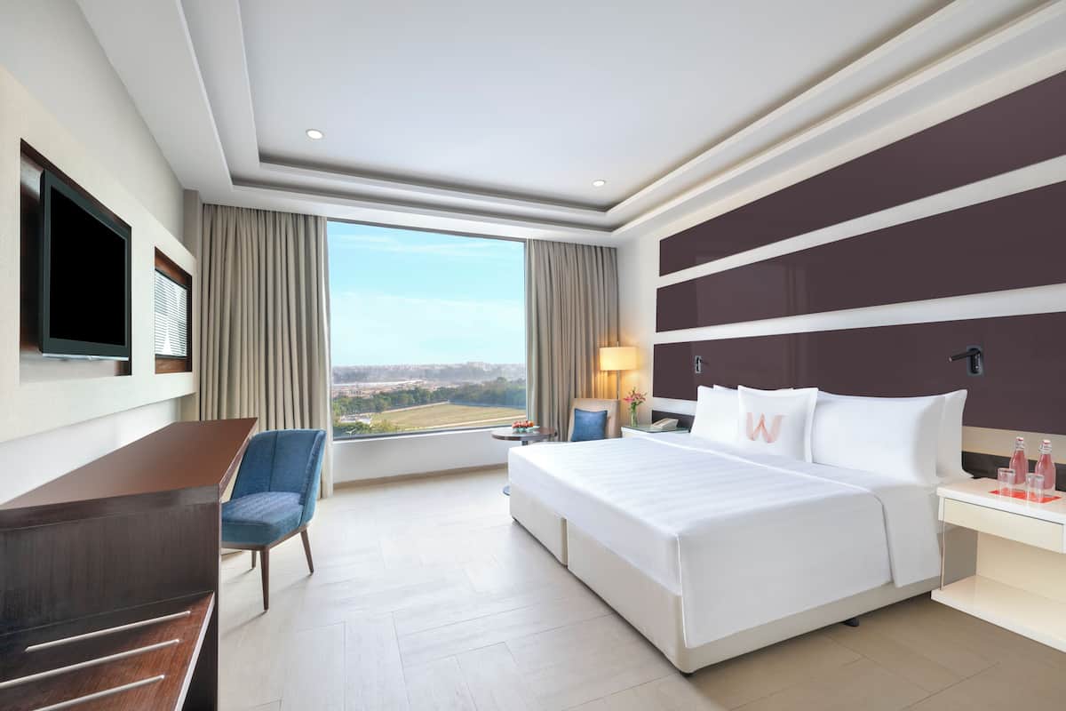A hotel room with a large bed, a desk, a chair, a TV, and a view of the landscape.