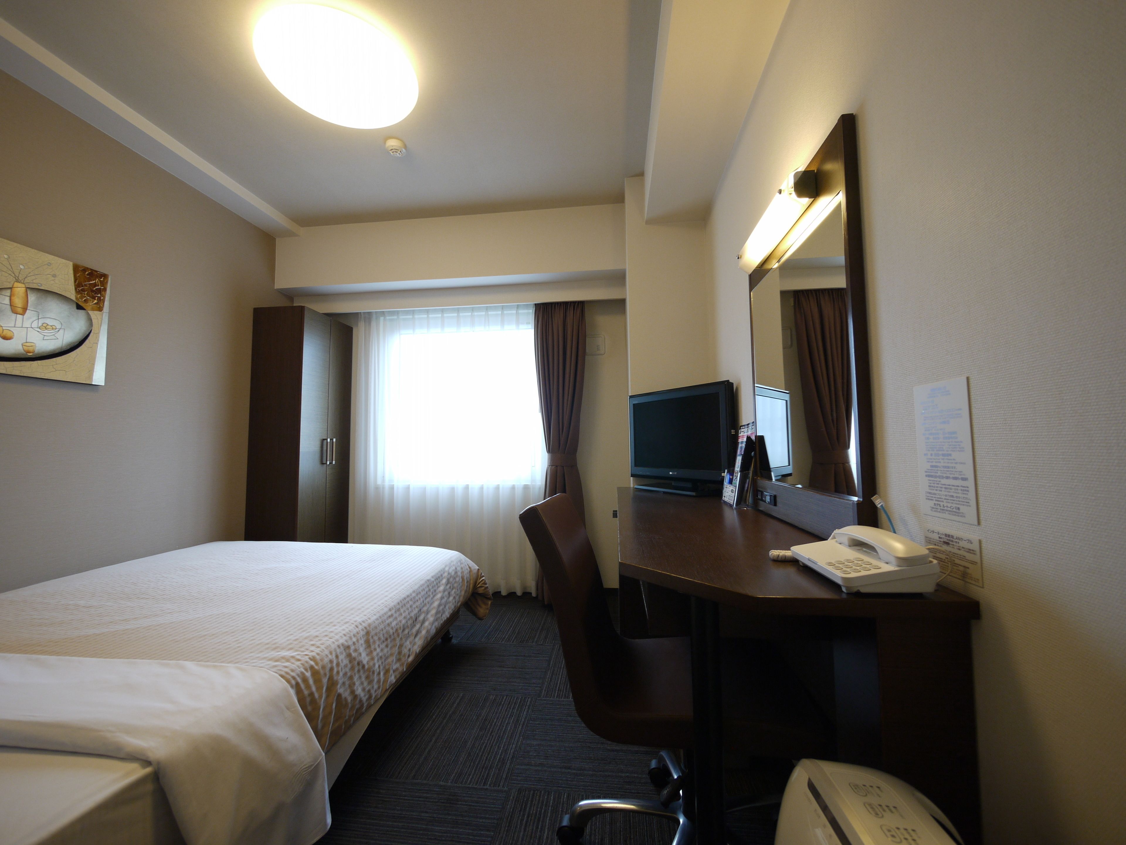 A hotel room with a bed, desk, chair, television, and a telephone.