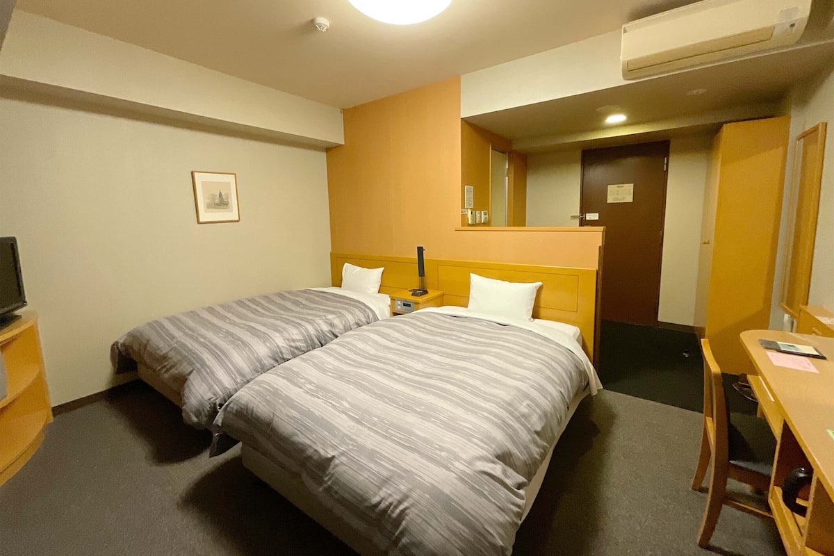 Ein Hotelzimmer mit zwei Einzelbetten, einem Schreibtisch, einem Stuhl, einem Fernseher und einem Spiegel.