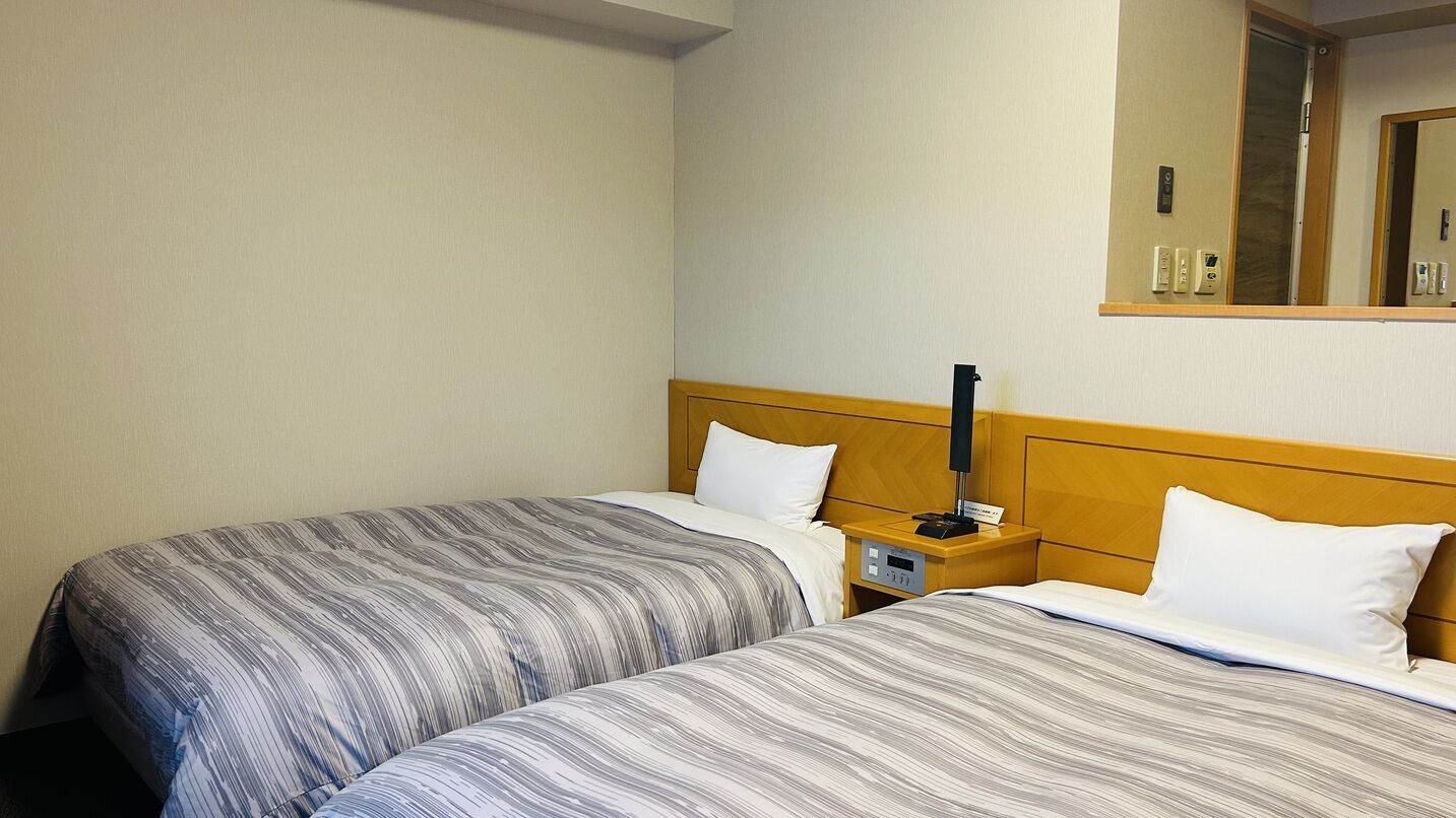 A hotel room with two beds, a nightstand with a lamp, a mirror, and a wall-mounted electrical outlet.