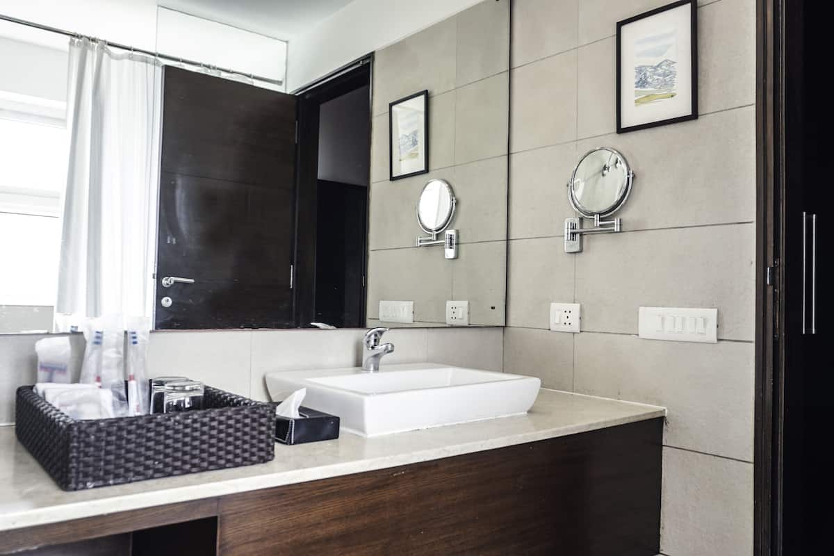 shower, designer toiletries, hair dryer, bathrobes