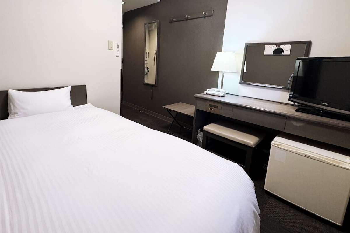 Une chambre d’hôtel comprenant un lit, un bureau avec une télévision, un miroir et un petit réfrigérateur.