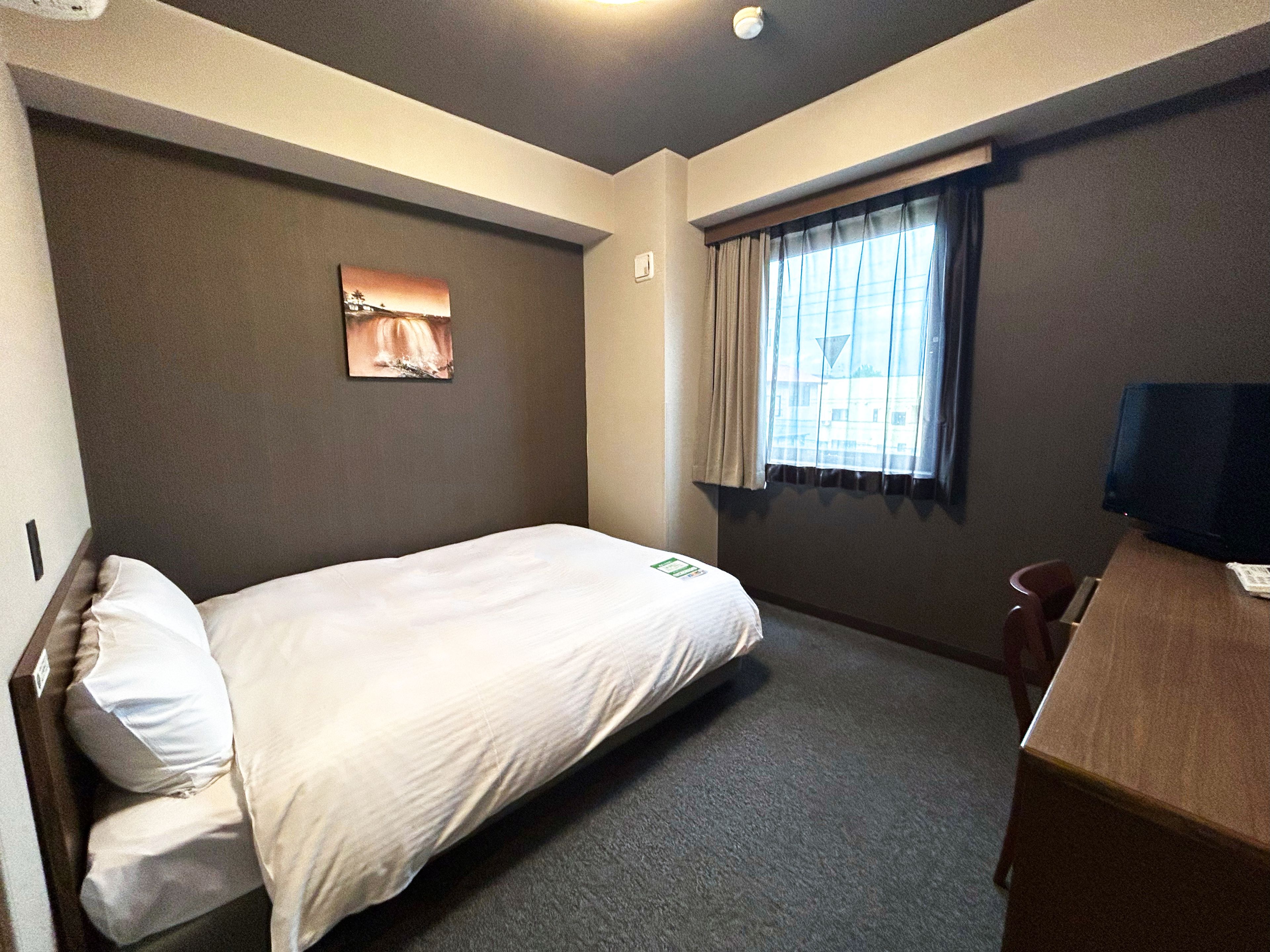 A hotel room with a single bed, a desk, a chair, a window with curtains, and a painting on the wall.