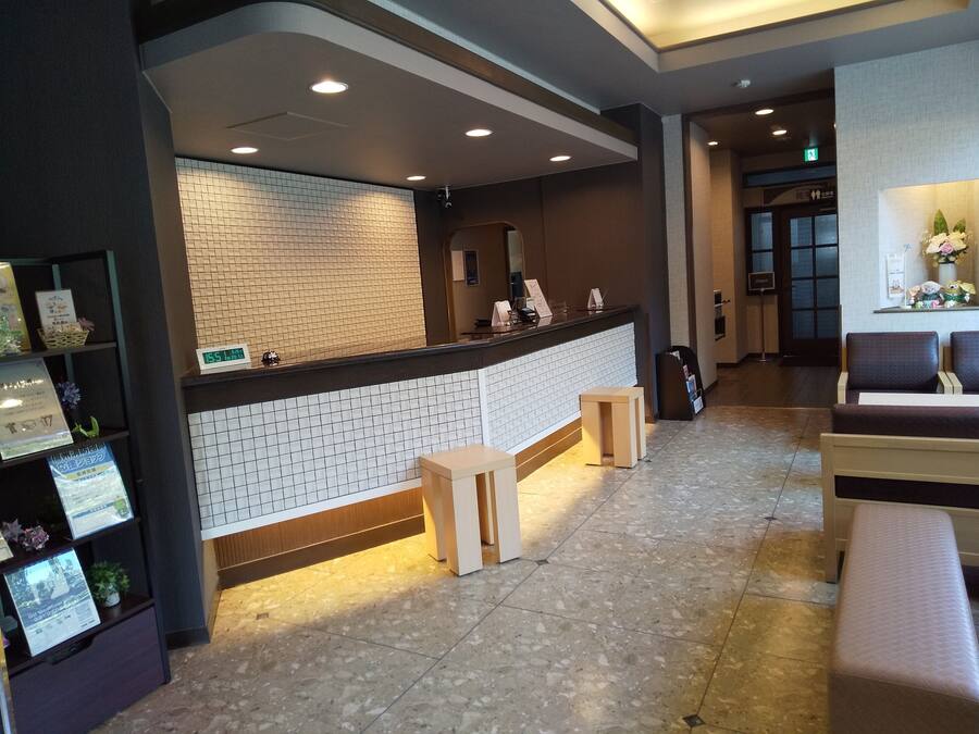 A hotel reception area with a tiled wall, a reception desk, and seating arrangements.