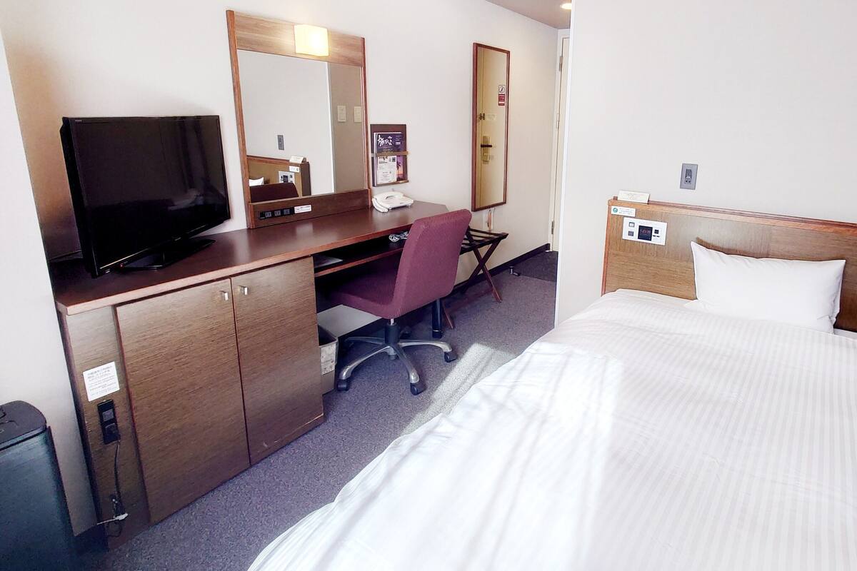 A hotel room with a bed, a desk with a chair, a television, and a mirror.
