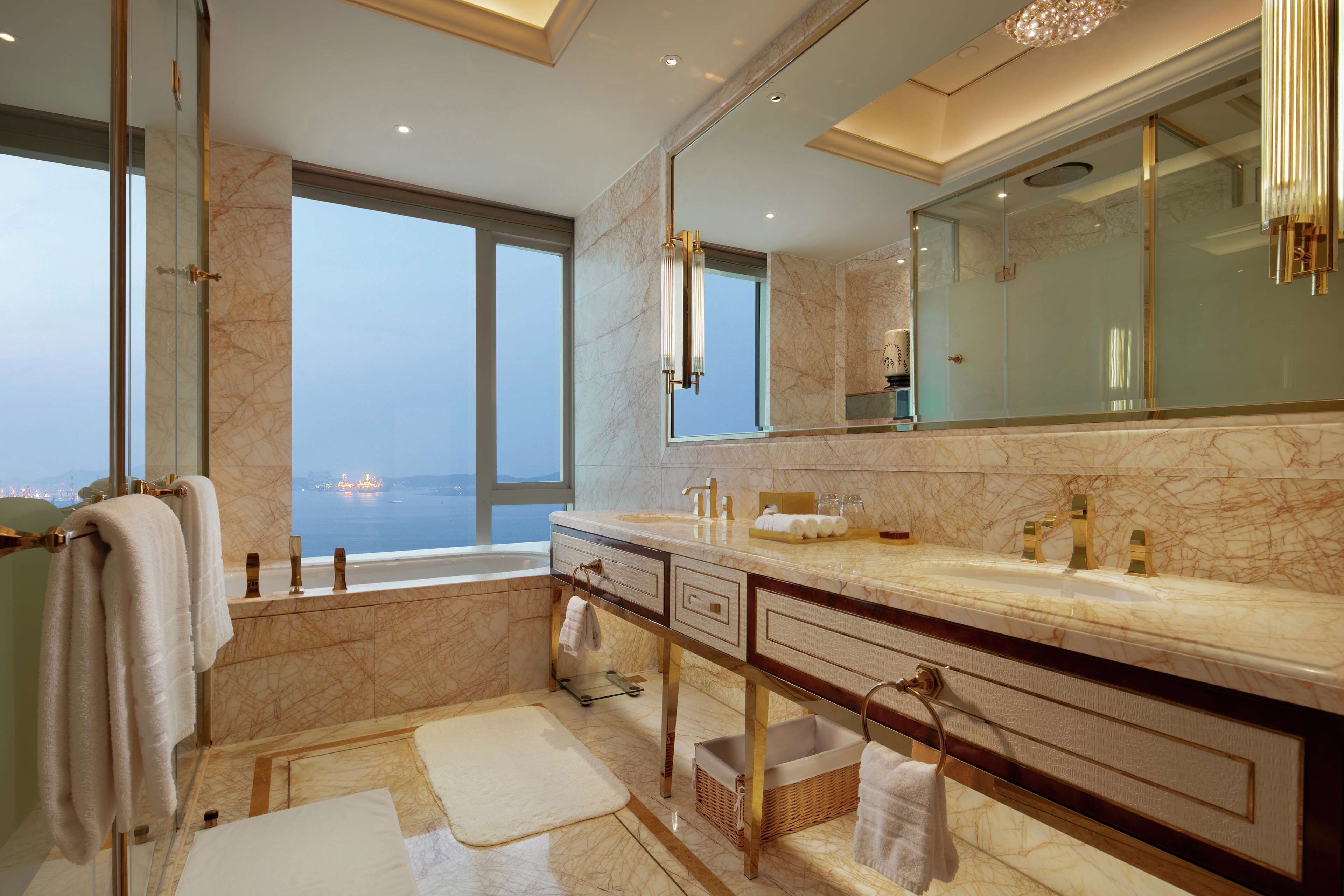 separate bathtub and shower, deep-soaking bathtub, rainfall showerhead