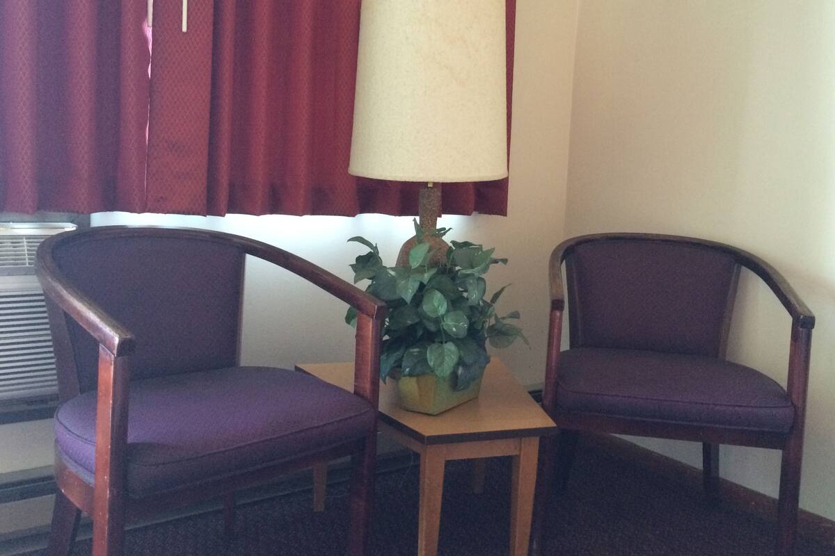 Two wooden chairs with purple cushions, a small wooden table with a potted plant, and a lamp with a beige lampshade.