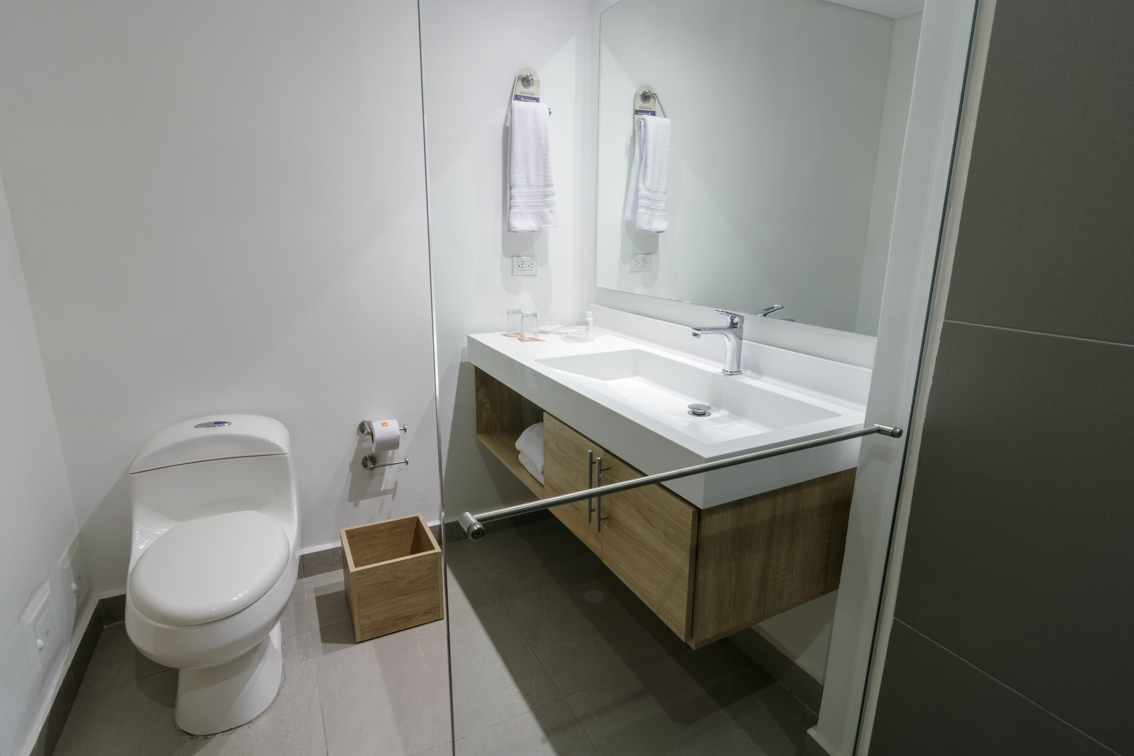 A modern bathroom with a toilet, sink, and mirror.