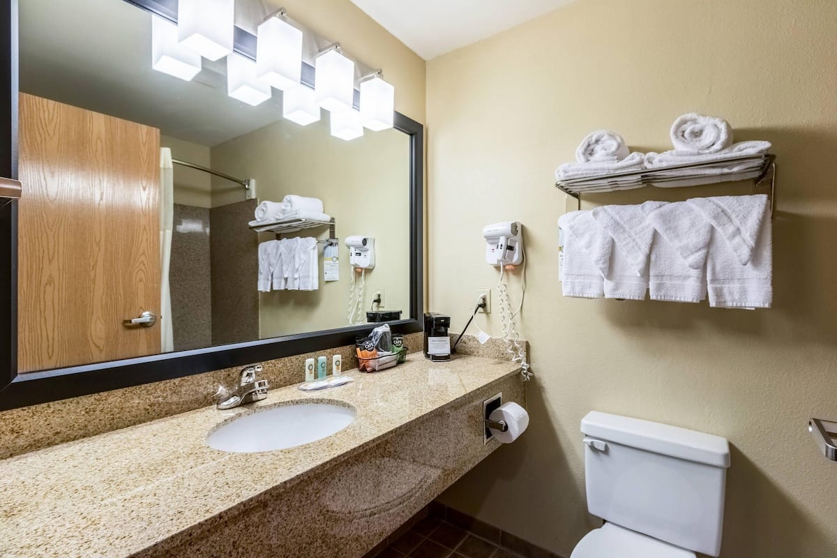 A bathroom with a sink, mirror, towel rack, and toilet.