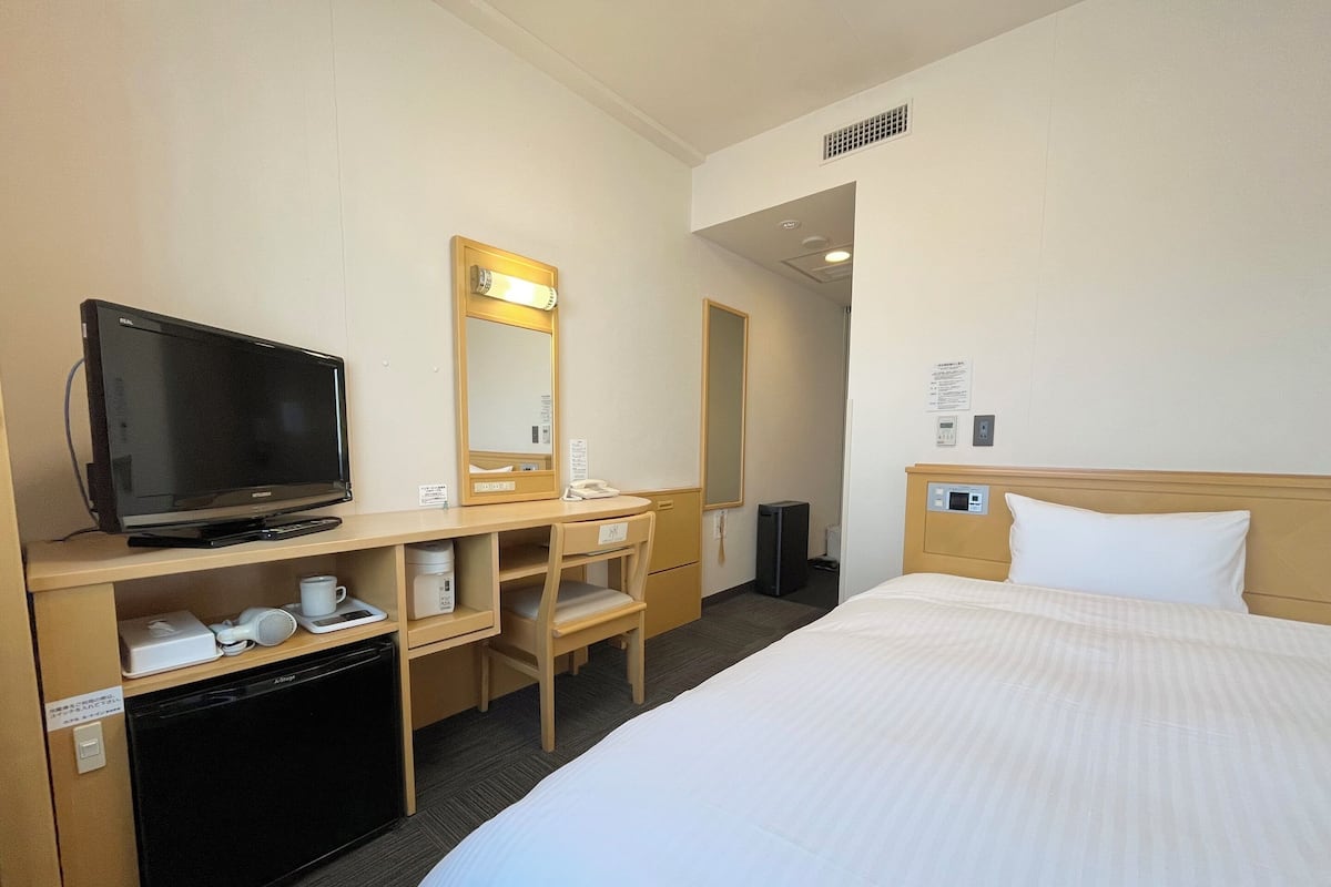 A hotel room with a bed, a TV, a desk with a mirror, a mini-fridge, and a microwave.