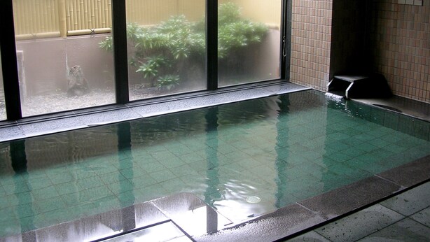 An indoor swimming pool with clear glass walls, a tiled floor, and a view of a bamboo fence and greenery outside. - Hotel Route Inn Obihiro Ekimae (Obihiro)
