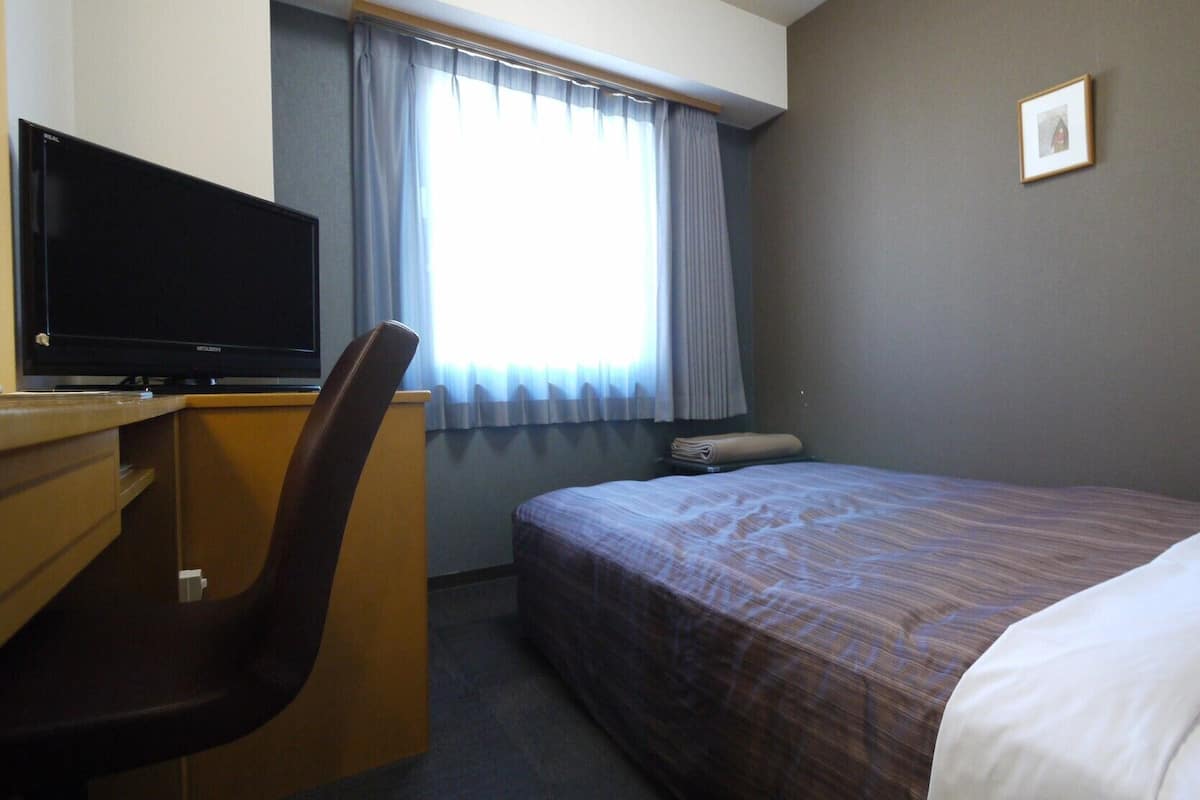 A hotel room with a bed, a desk with a television, a chair, a window with curtains, and a framed picture on the wall.