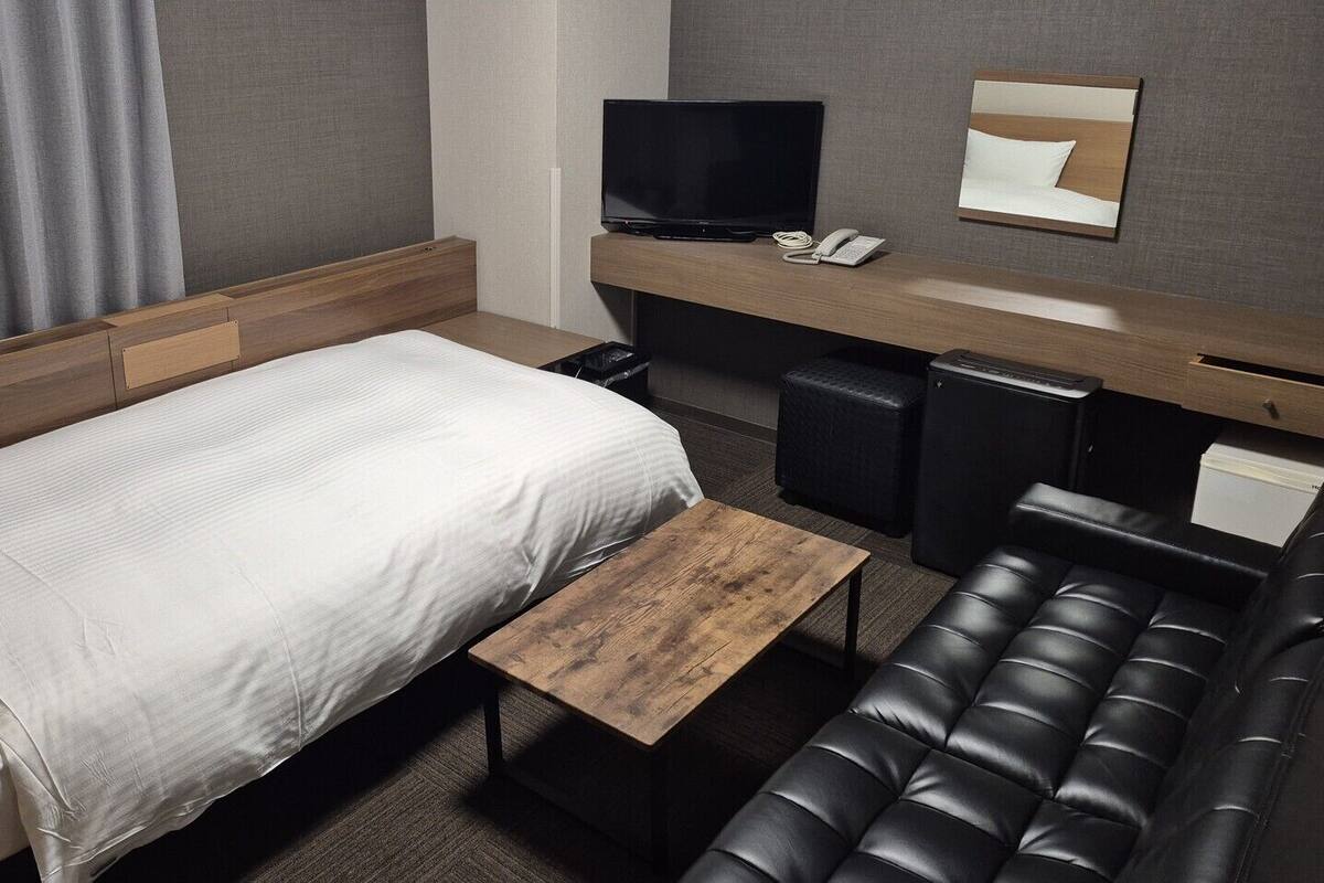 A hotel room with a bed, a desk with a TV, a couch, and a small table.