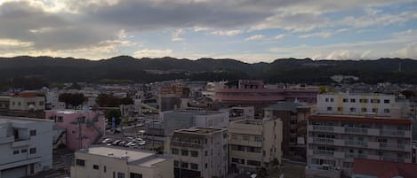 Un paisaje urbano con edificios, calles y montañas al fondo.