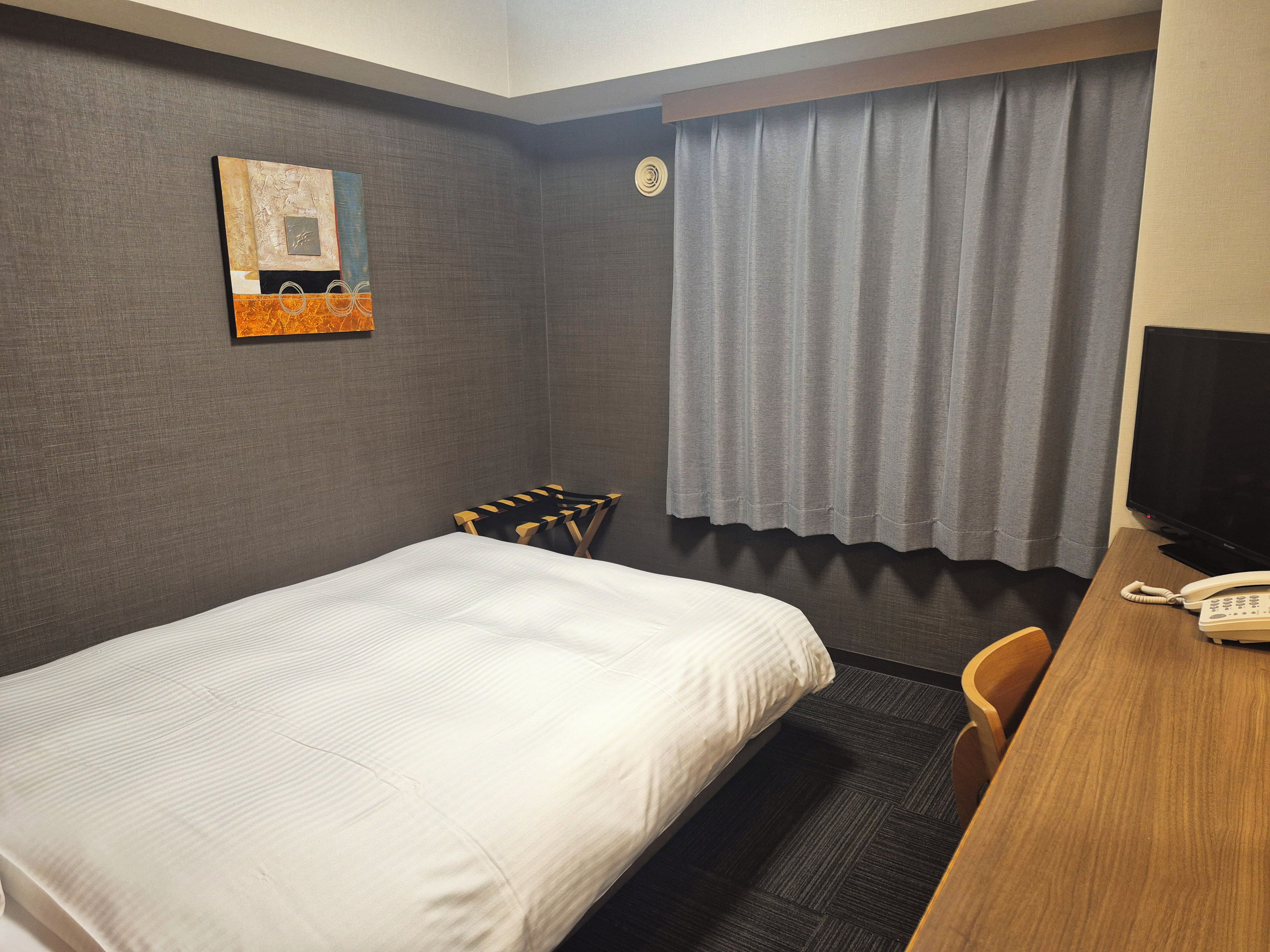 A hotel room with a bed, a desk with a telephone, a television, a window with curtains, and a wall-mounted artwork.