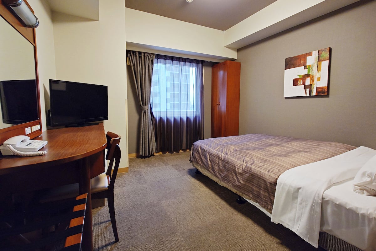 A hotel room with a bed, a desk with a TV, a telephone, and a painting on the wall.