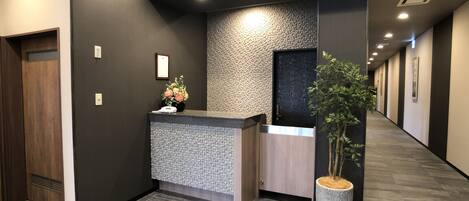 Zona de recepción con mostrador, planta en maceta, cuadro enmarco y una puerta.