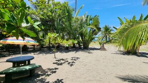 A sandy beach with a colorful umbrella, a small table, and various tropical plants. - Hotel Playa Westfalia (Matama)